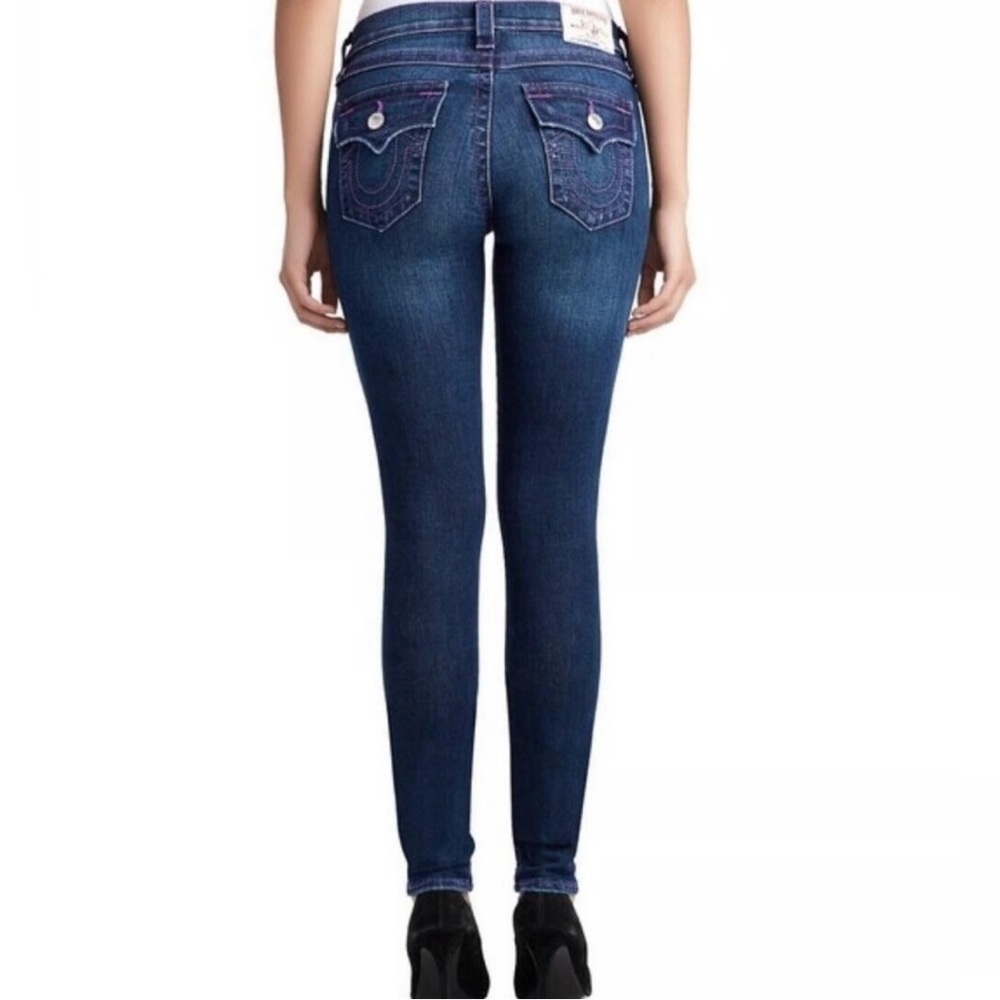 True Religion Super Skinny Jeans W26 Neon Purple Stitch Distressed Dark Wash Y2K